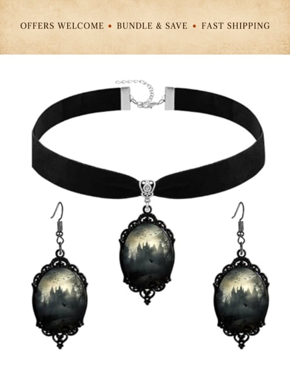 Gothic Crow Glass Pendant Necklace Earrings Set Velvet Choker